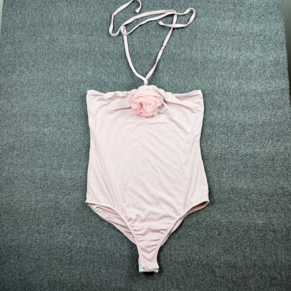 Discreet Bodysuit Women's Medium‎ Pink Rosette Floral Halter Strapless TS4097